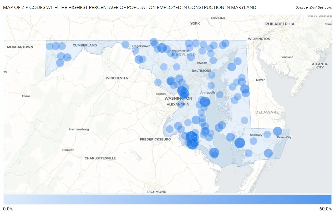 Zip Codes with the Highest Percentage of Population Employed in Construction in Maryland Map
