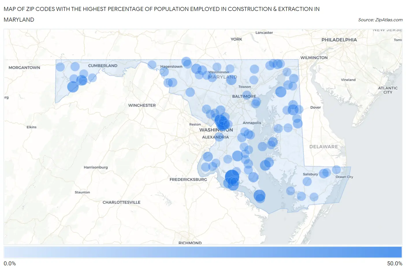 Zip Codes with the Highest Percentage of Population Employed in Construction & Extraction in Maryland Map