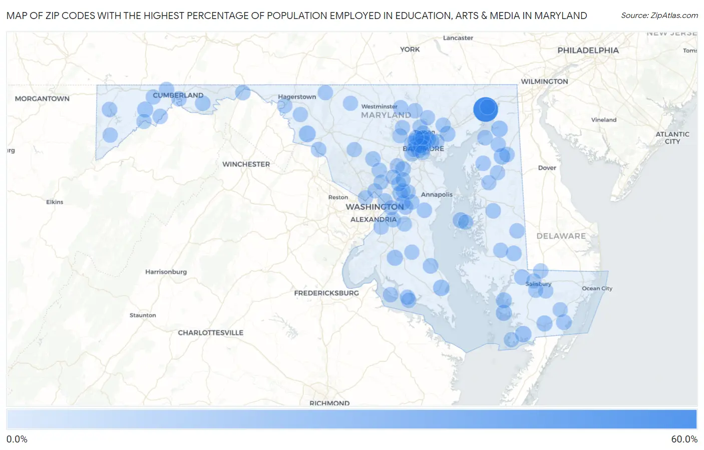 Zip Codes with the Highest Percentage of Population Employed in Education, Arts & Media in Maryland Map