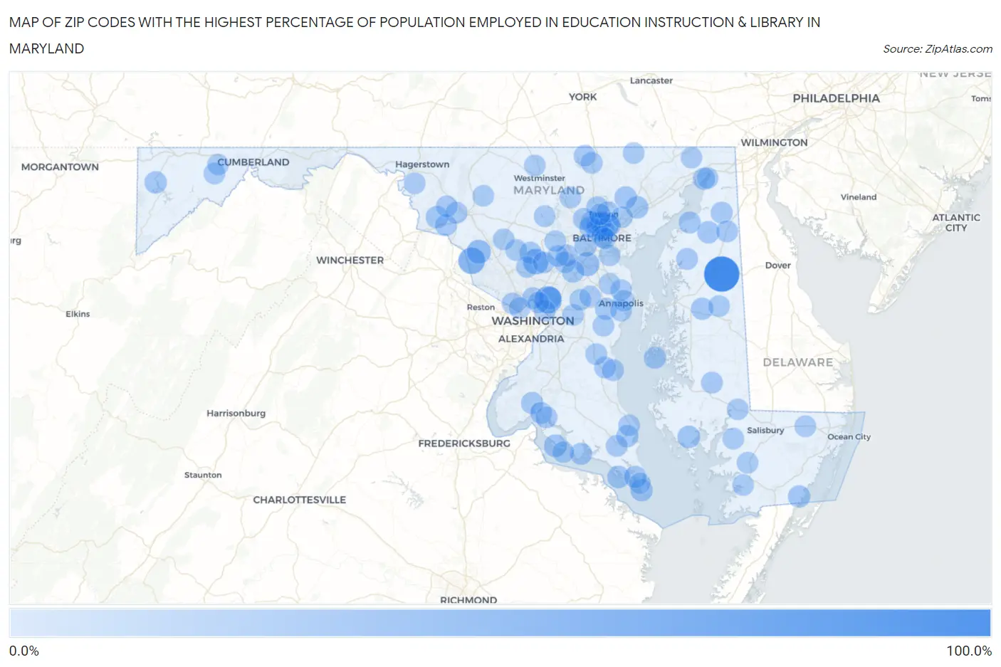 Zip Codes with the Highest Percentage of Population Employed in Education Instruction & Library in Maryland Map
