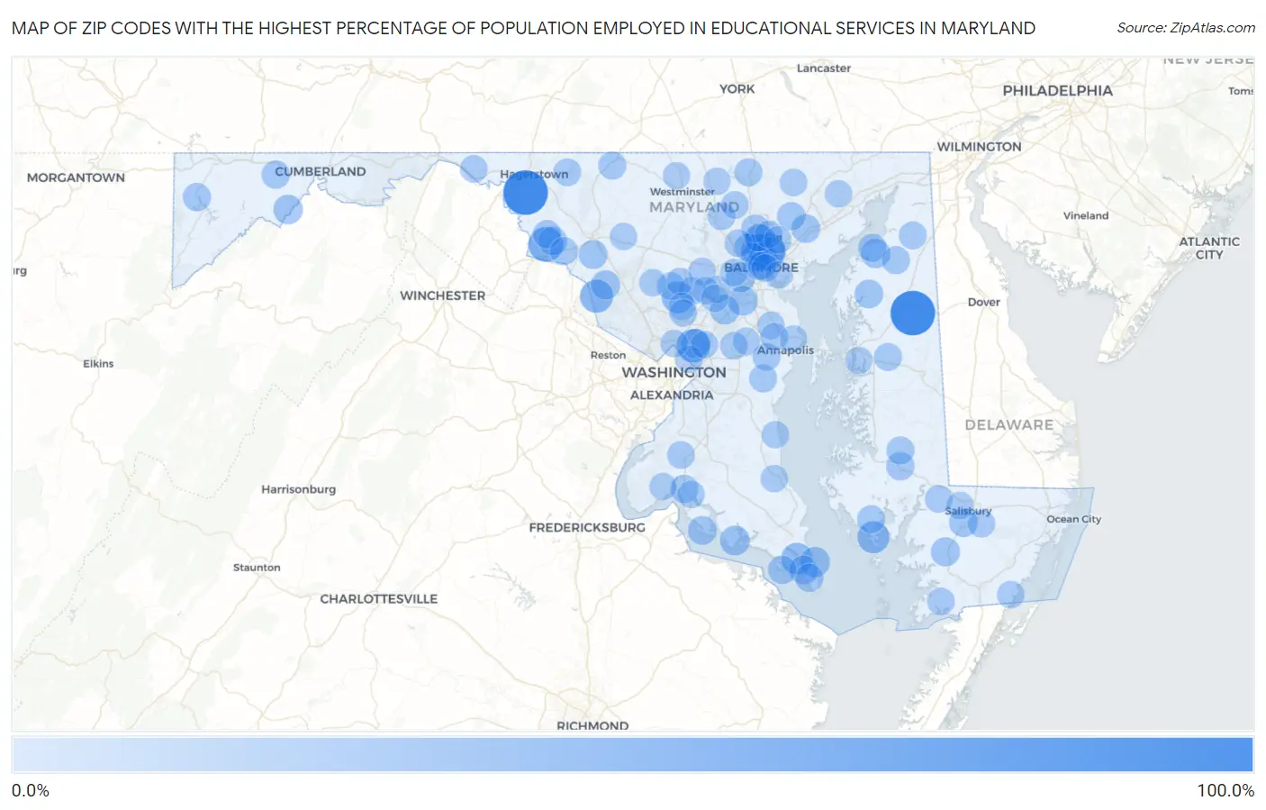 Zip Codes with the Highest Percentage of Population Employed in Educational Services in Maryland Map