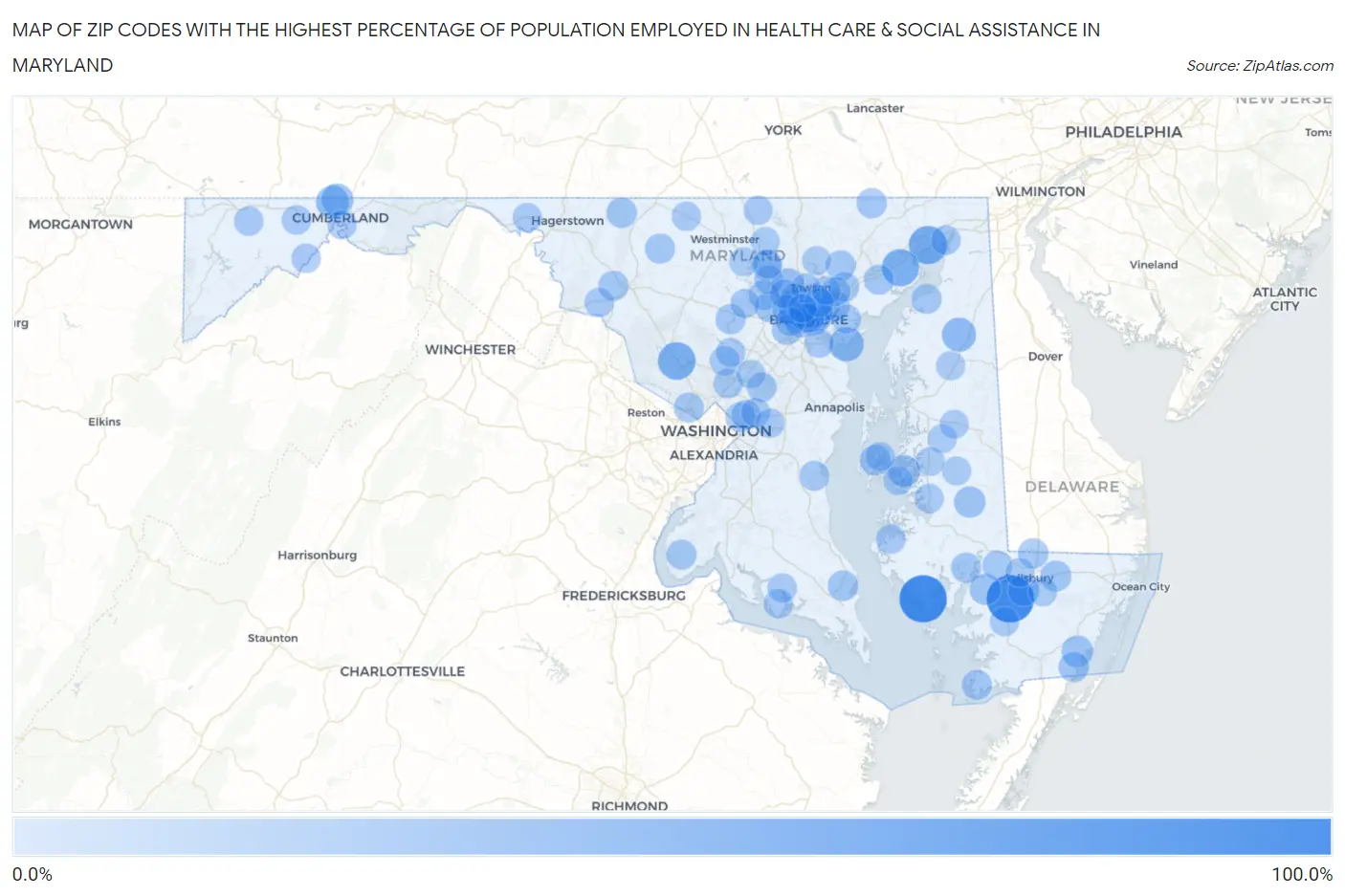 Zip Codes with the Highest Percentage of Population Employed in Health Care & Social Assistance in Maryland Map