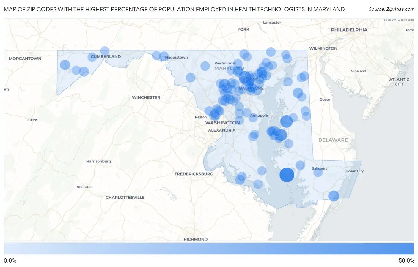 Zip Codes with the Highest Percentage of Population Employed in Health Technologists in Maryland Map