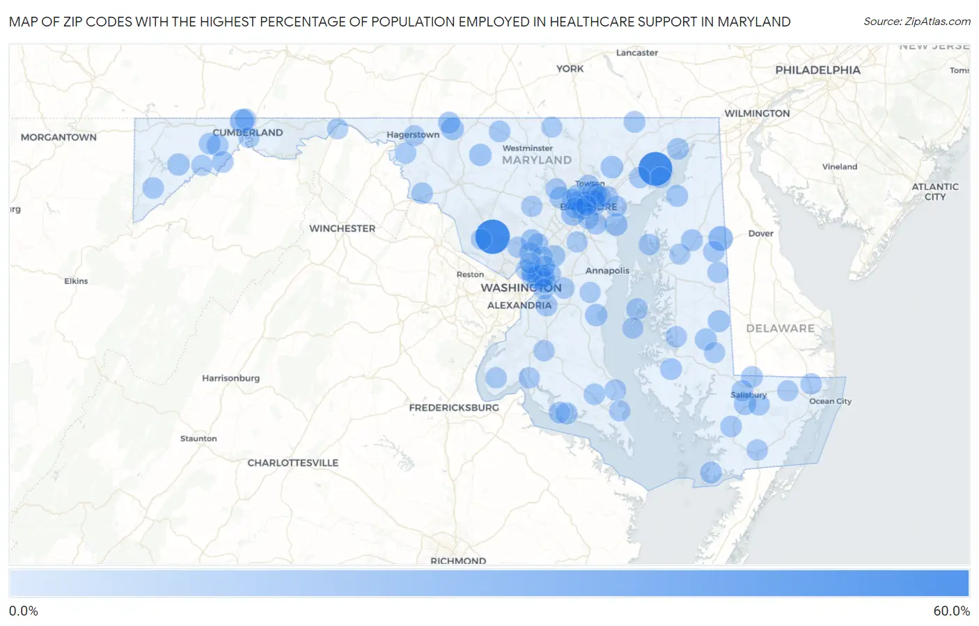 Zip Codes with the Highest Percentage of Population Employed in Healthcare Support in Maryland Map