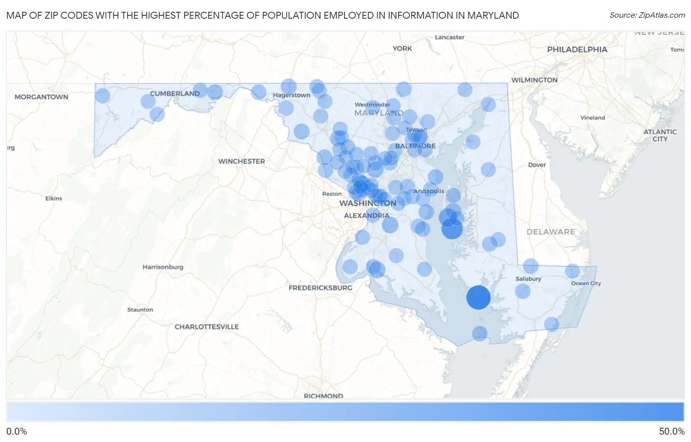 Zip Codes with the Highest Percentage of Population Employed in Information in Maryland Map