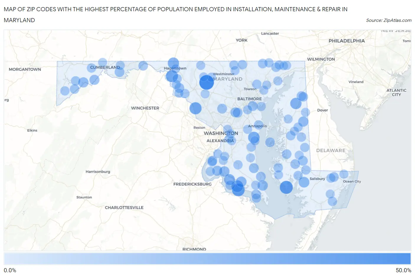 Zip Codes with the Highest Percentage of Population Employed in Installation, Maintenance & Repair in Maryland Map