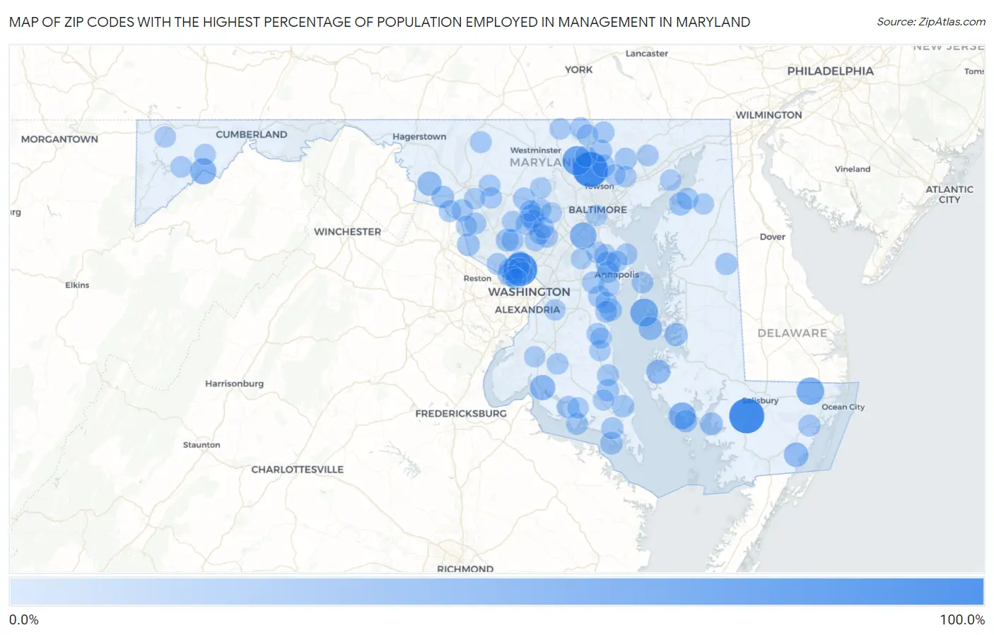 Zip Codes with the Highest Percentage of Population Employed in Management in Maryland Map