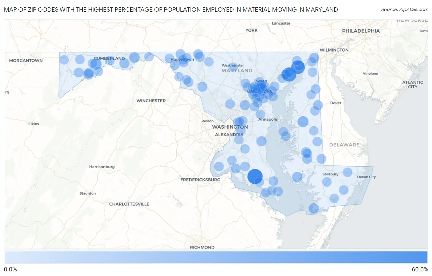 Zip Codes with the Highest Percentage of Population Employed in Material Moving in Maryland Map