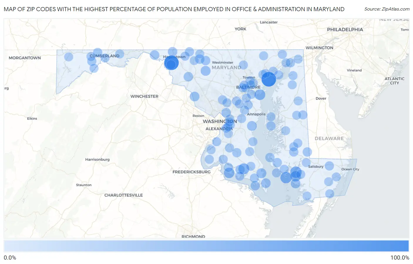 Zip Codes with the Highest Percentage of Population Employed in Office & Administration in Maryland Map
