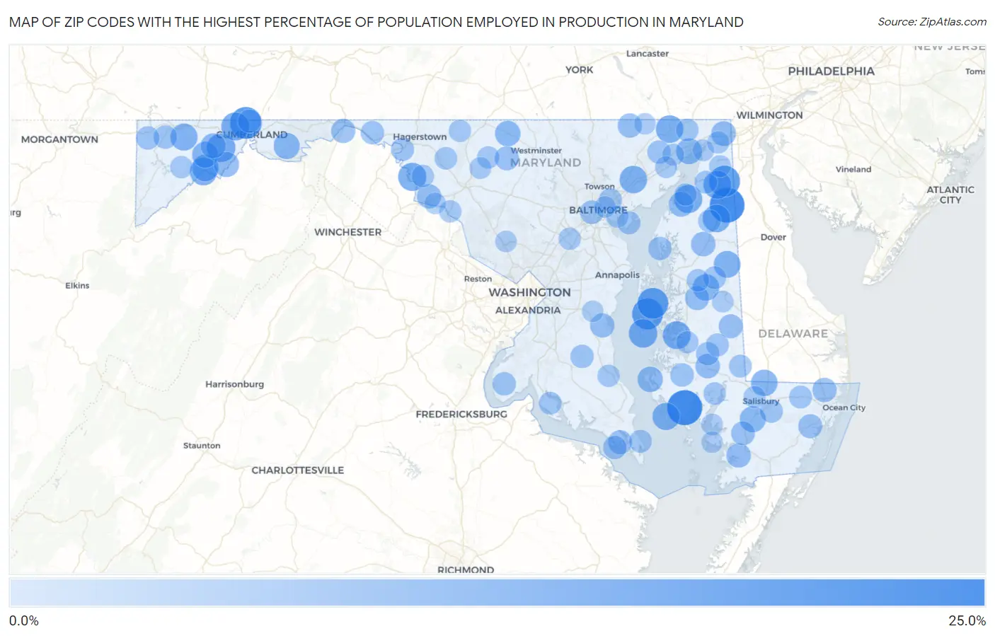 Zip Codes with the Highest Percentage of Population Employed in Production in Maryland Map