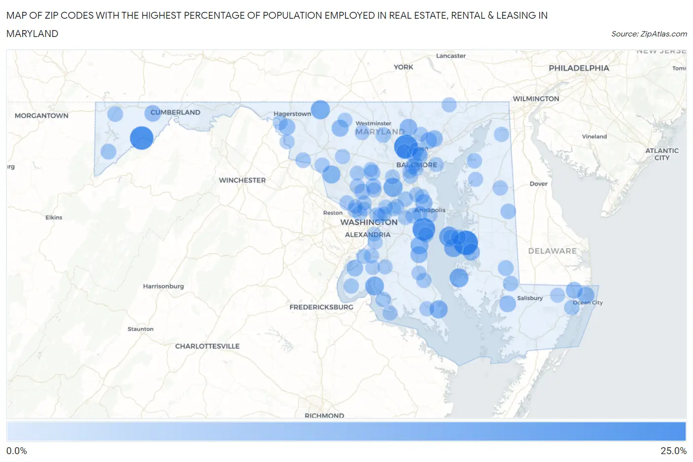 Zip Codes with the Highest Percentage of Population Employed in Real Estate, Rental & Leasing in Maryland Map