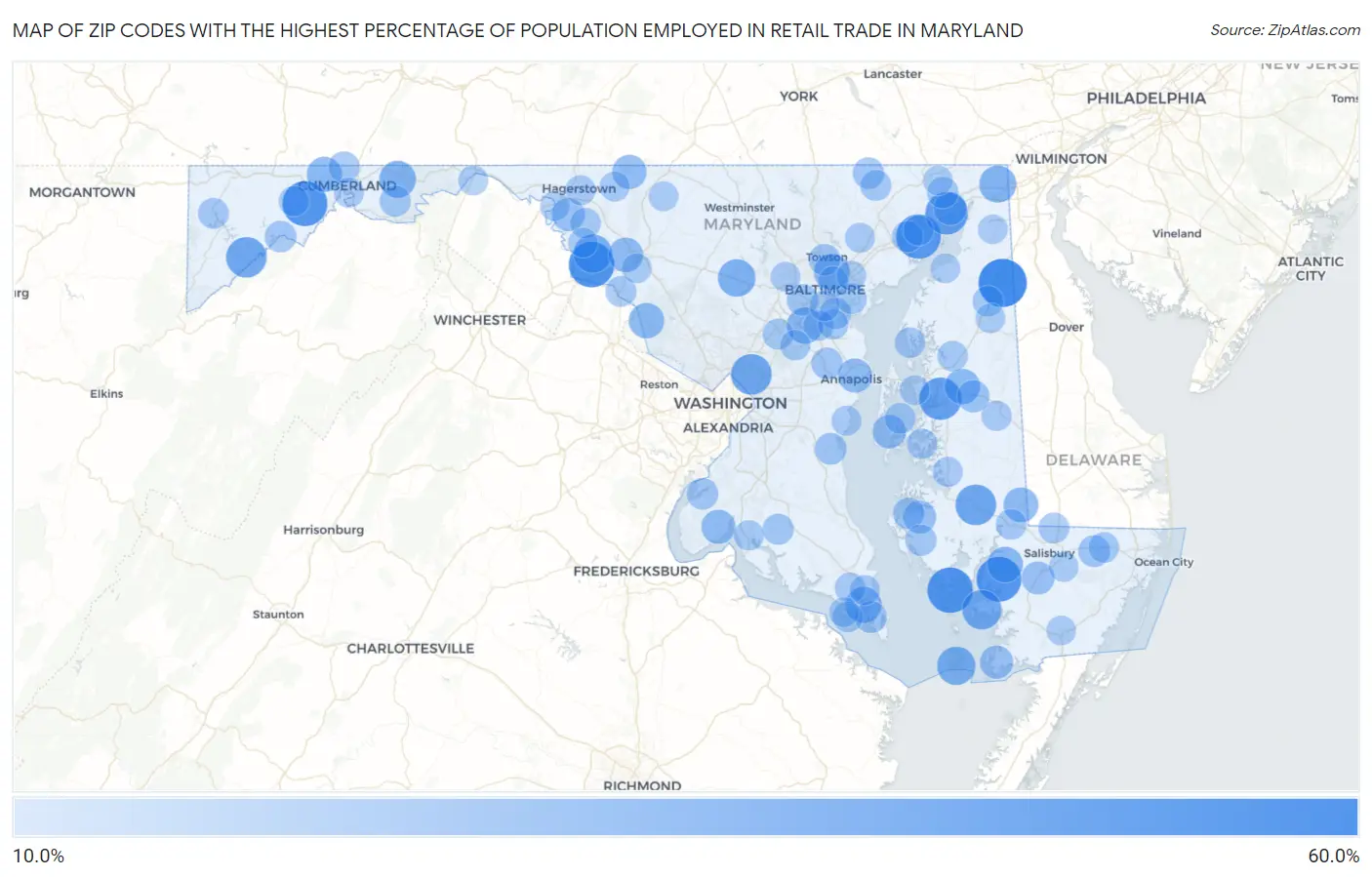Zip Codes with the Highest Percentage of Population Employed in Retail Trade in Maryland Map