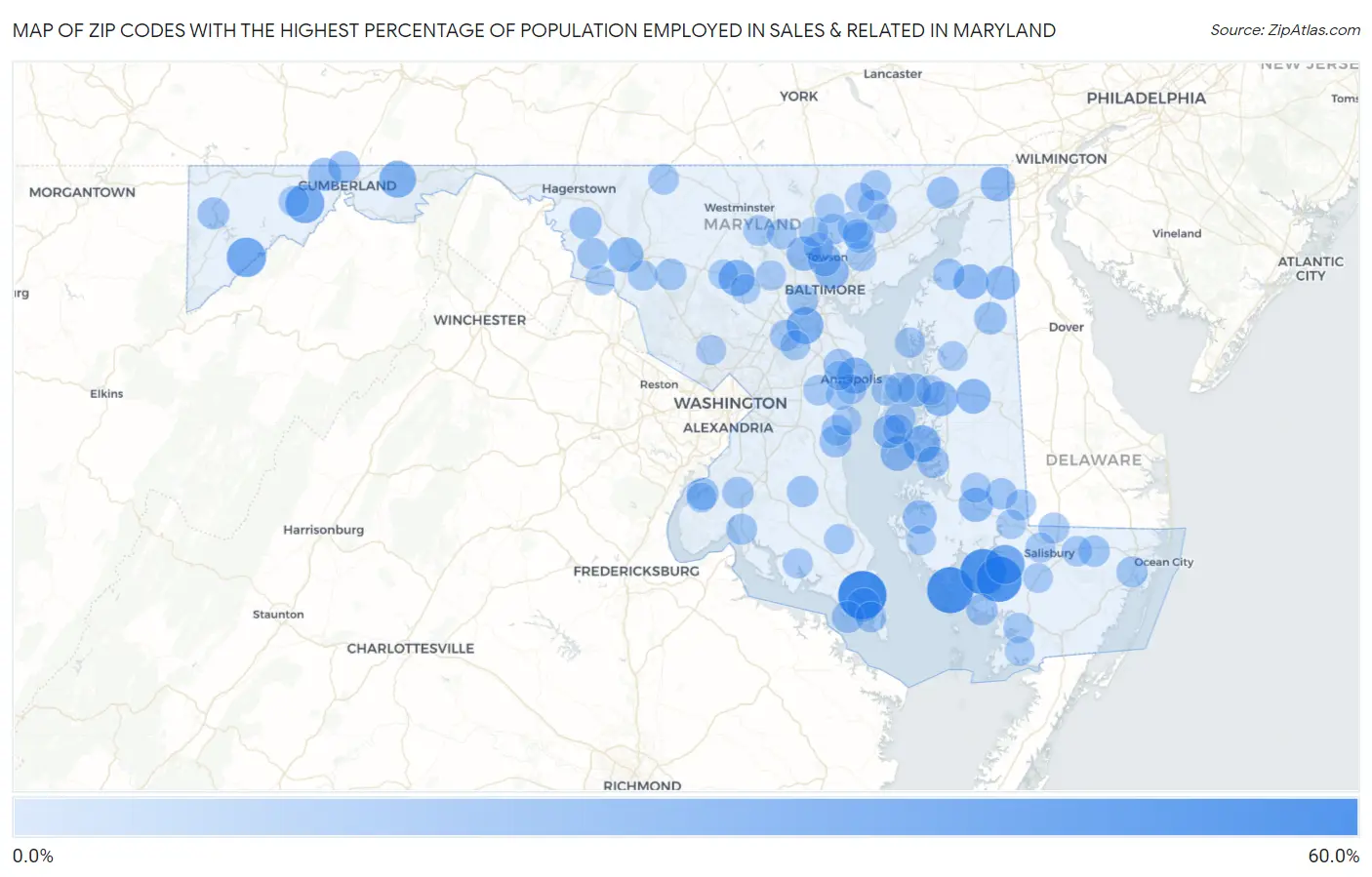 Zip Codes with the Highest Percentage of Population Employed in Sales & Related in Maryland Map