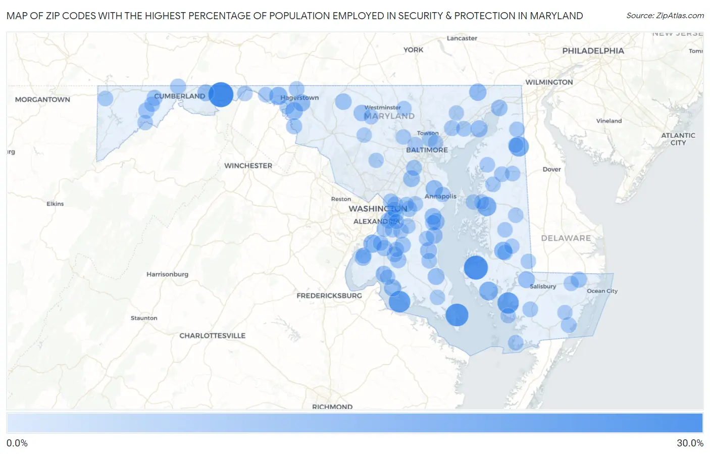 Zip Codes with the Highest Percentage of Population Employed in Security & Protection in Maryland Map