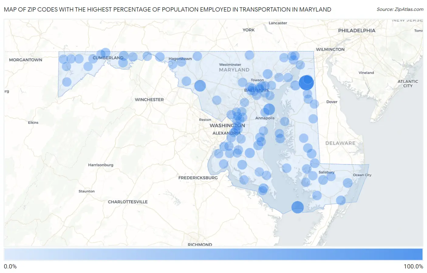 Zip Codes with the Highest Percentage of Population Employed in Transportation in Maryland Map