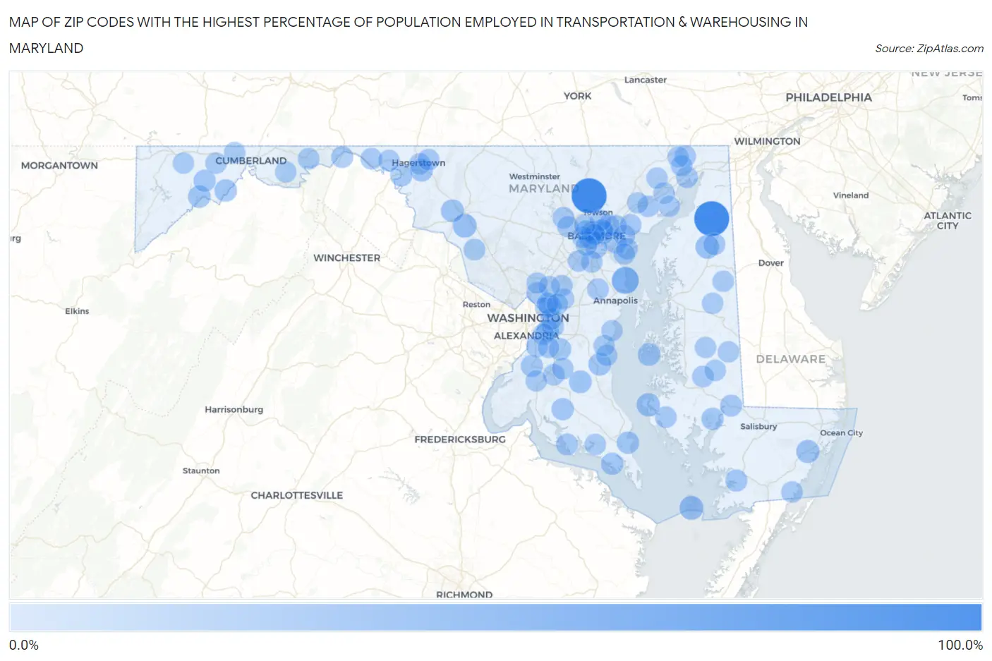 Zip Codes with the Highest Percentage of Population Employed in Transportation & Warehousing in Maryland Map