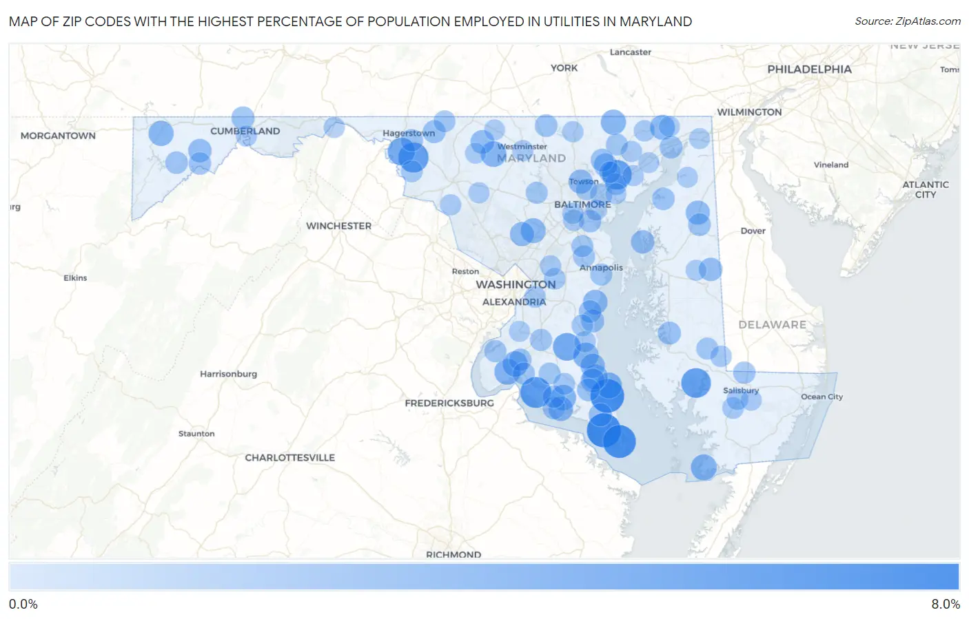Zip Codes with the Highest Percentage of Population Employed in Utilities in Maryland Map