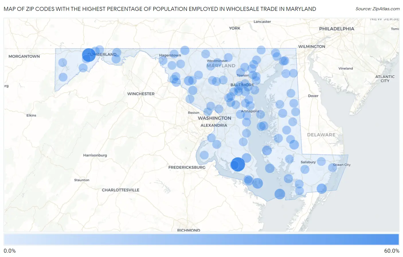 Zip Codes with the Highest Percentage of Population Employed in Wholesale Trade in Maryland Map