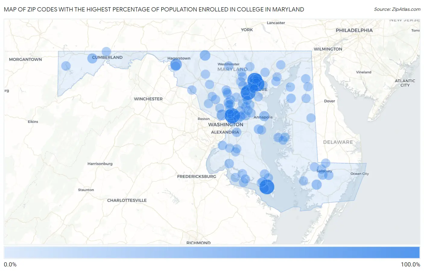 Zip Codes with the Highest Percentage of Population Enrolled in College in Maryland Map
