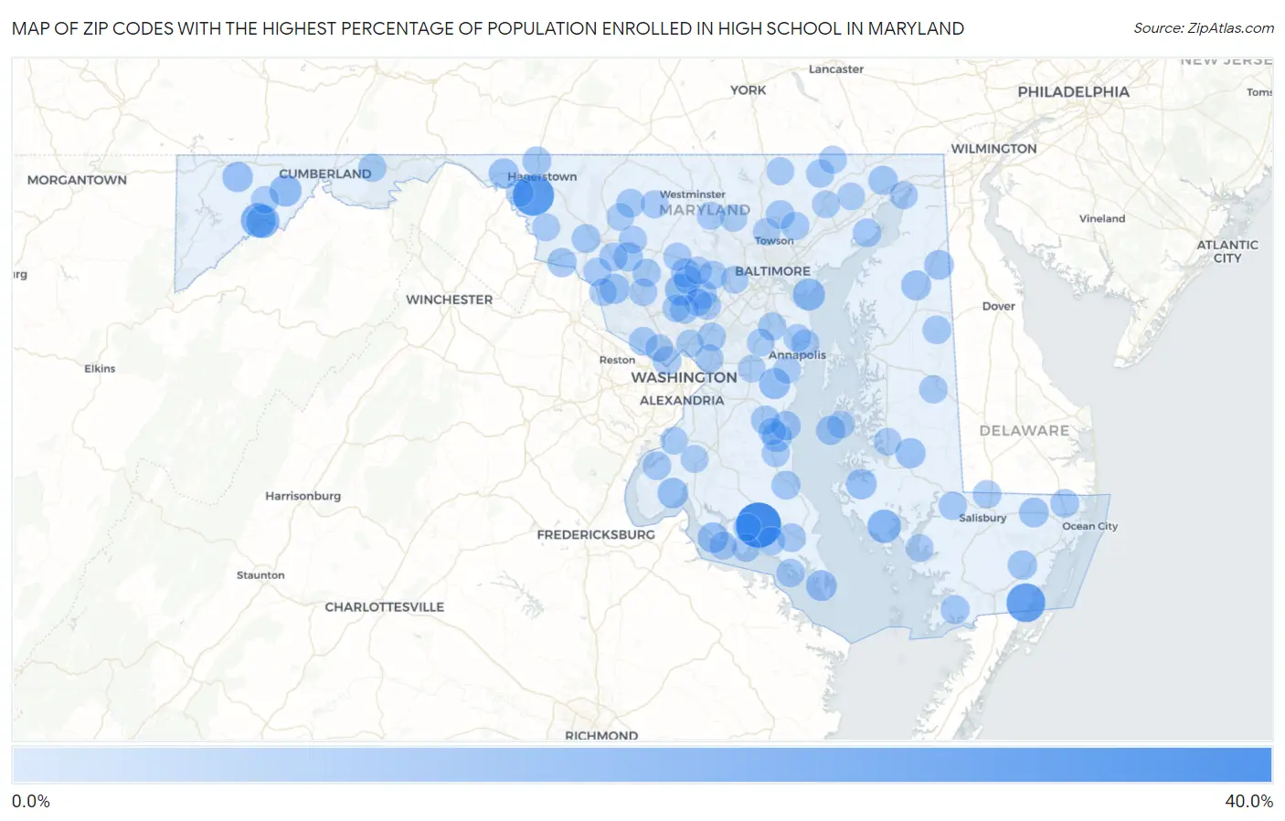 Zip Codes with the Highest Percentage of Population Enrolled in High School in Maryland Map