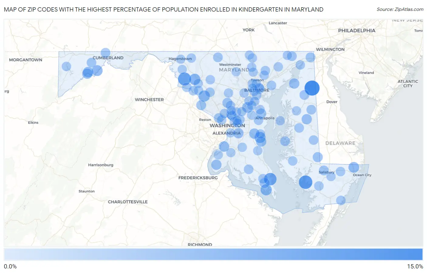 Zip Codes with the Highest Percentage of Population Enrolled in Kindergarten in Maryland Map