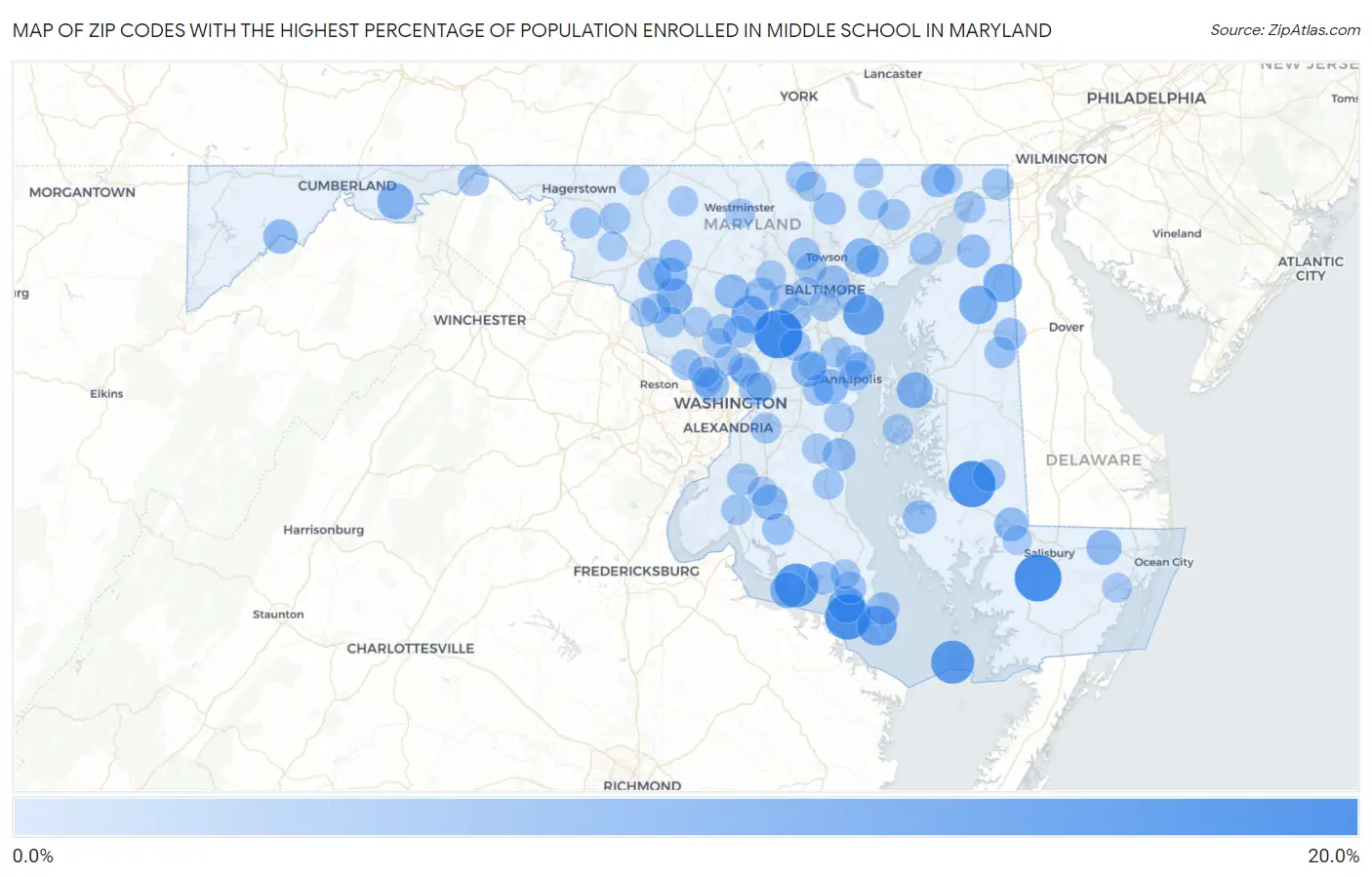 Zip Codes with the Highest Percentage of Population Enrolled in Middle School in Maryland Map