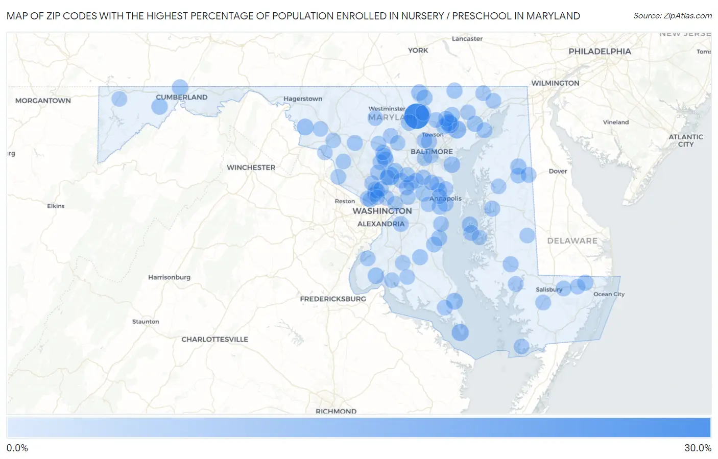 Zip Codes with the Highest Percentage of Population Enrolled in Nursery / Preschool in Maryland Map