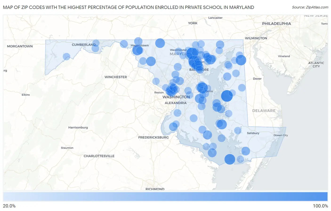 Zip Codes with the Highest Percentage of Population Enrolled in Private School in Maryland Map