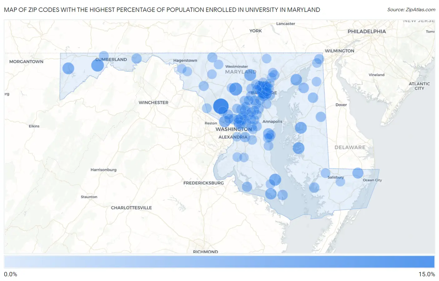 Zip Codes with the Highest Percentage of Population Enrolled in University in Maryland Map