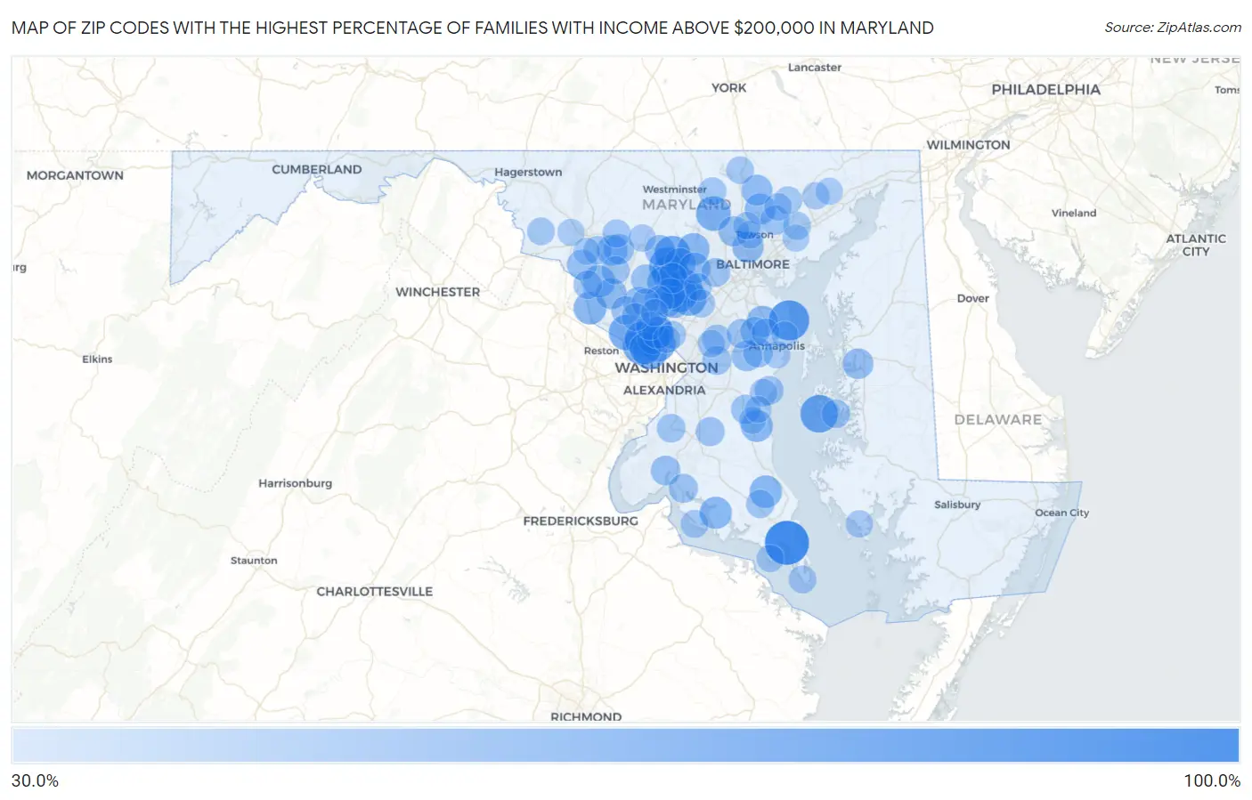 Zip Codes with the Highest Percentage of Families with Income Above $200,000 in Maryland Map