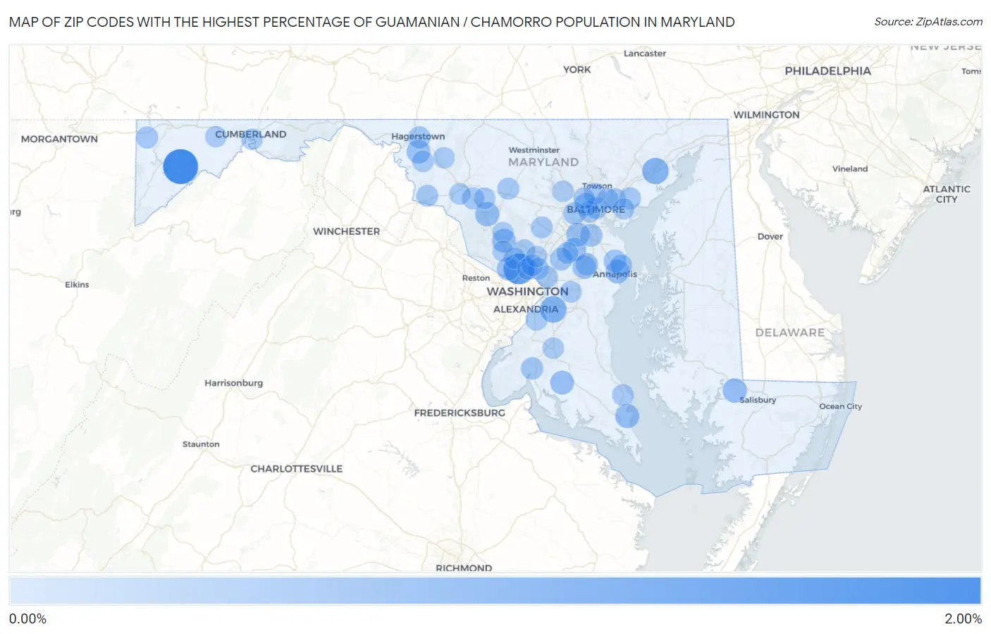 Zip Codes with the Highest Percentage of Guamanian / Chamorro Population in Maryland Map