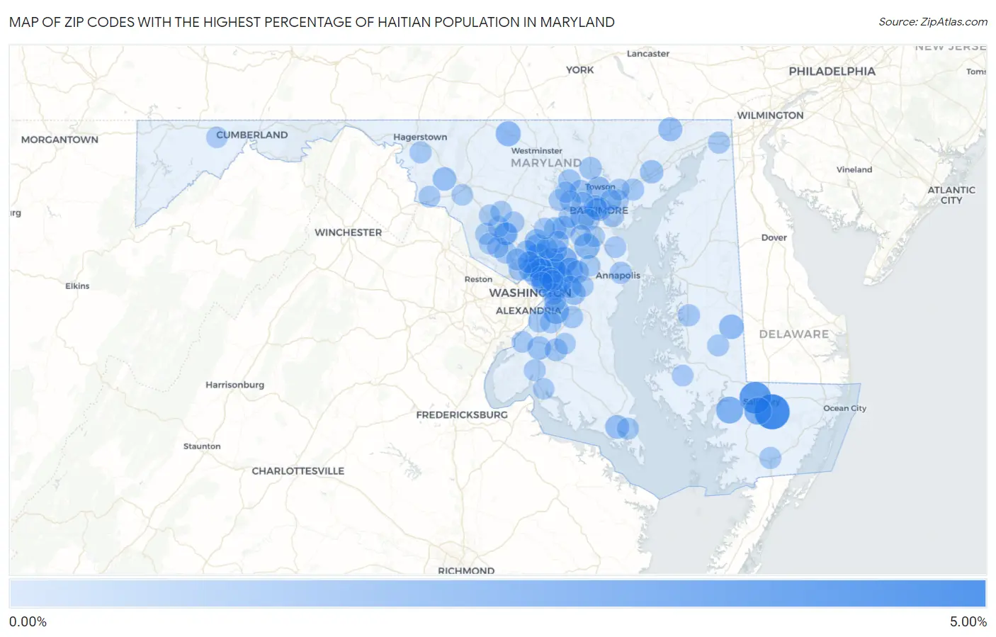 Zip Codes with the Highest Percentage of Haitian Population in Maryland Map