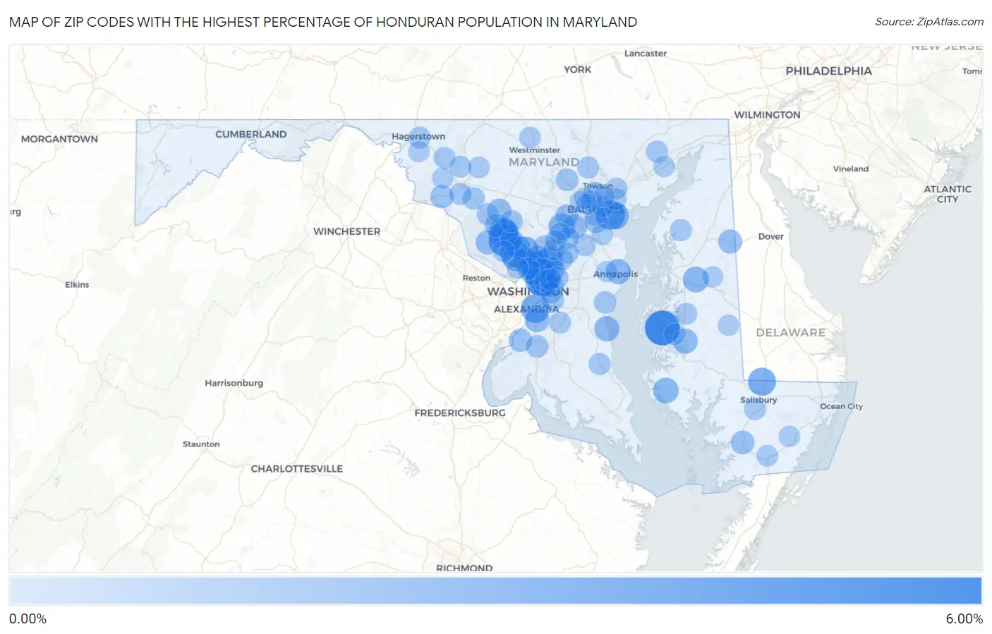 Zip Codes with the Highest Percentage of Honduran Population in Maryland Map