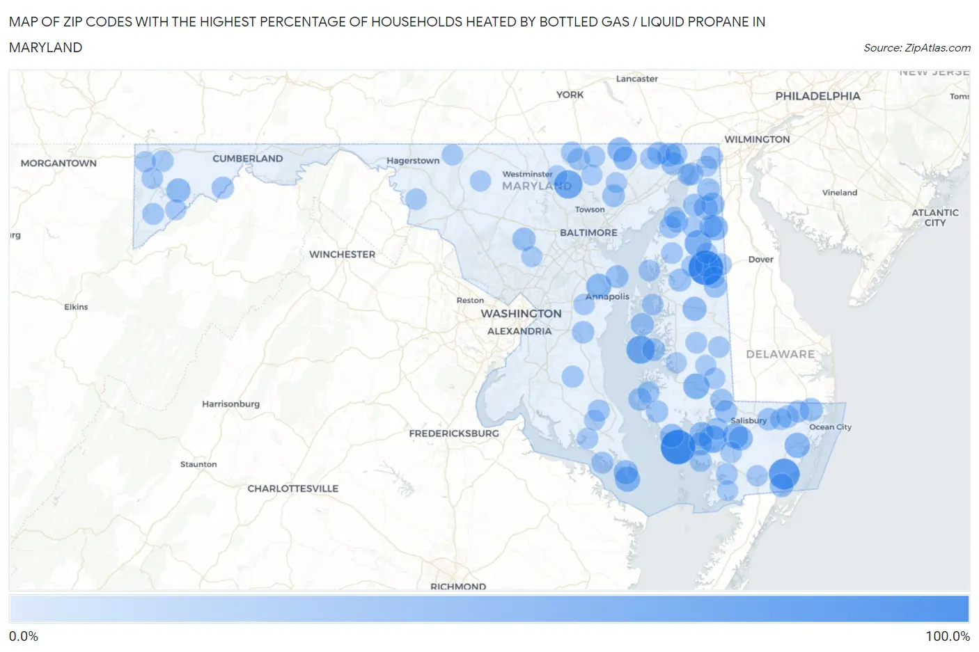 Zip Codes with the Highest Percentage of Households Heated by Bottled Gas / Liquid Propane in Maryland Map