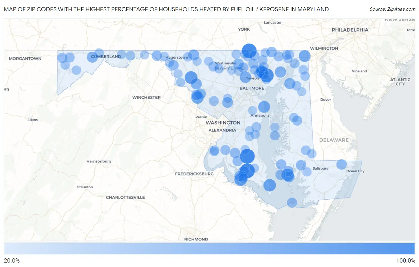 Zip Codes with the Highest Percentage of Households Heated by Fuel Oil / Kerosene in Maryland Map