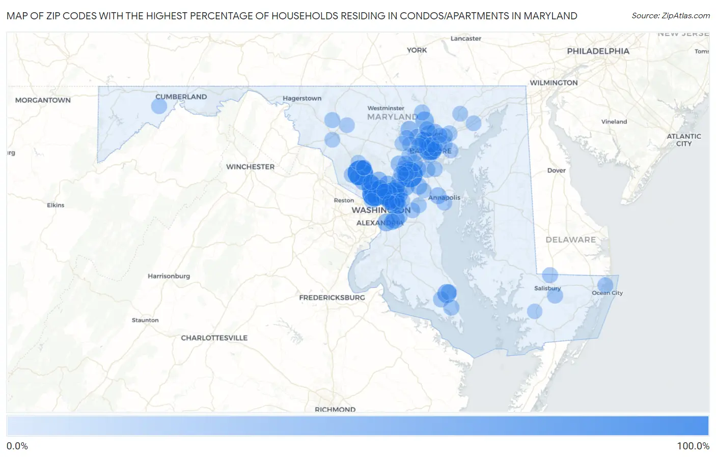 Zip Codes with the Highest Percentage of Households Residing in Condos/Apartments in Maryland Map