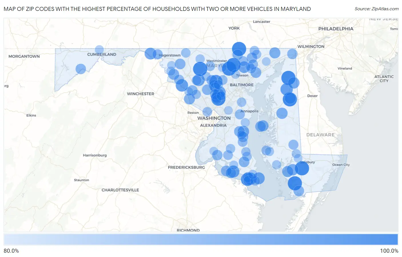 Zip Codes with the Highest Percentage of Households With Two or more Vehicles in Maryland Map