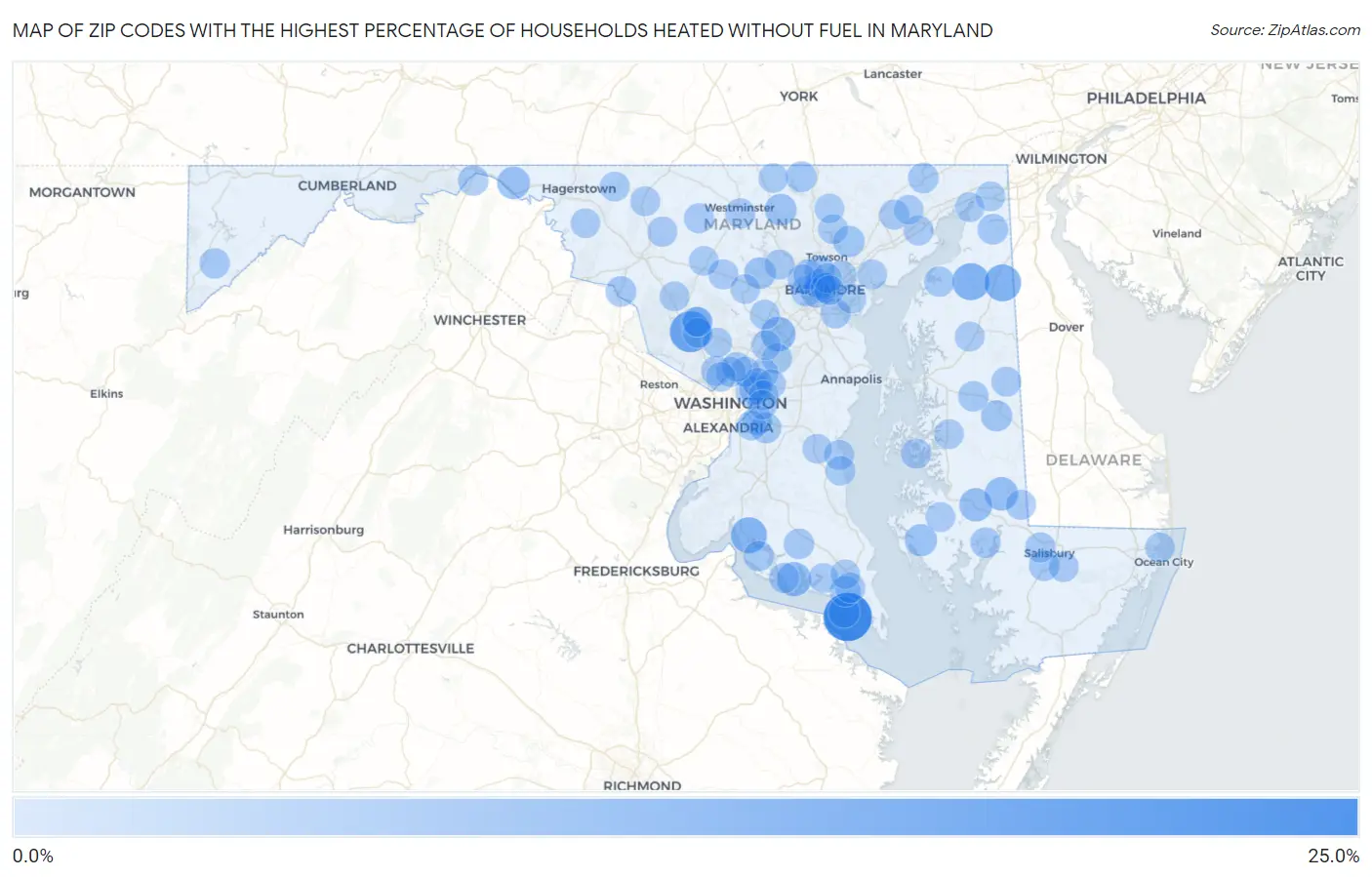 Zip Codes with the Highest Percentage of Households Heated without Fuel in Maryland Map