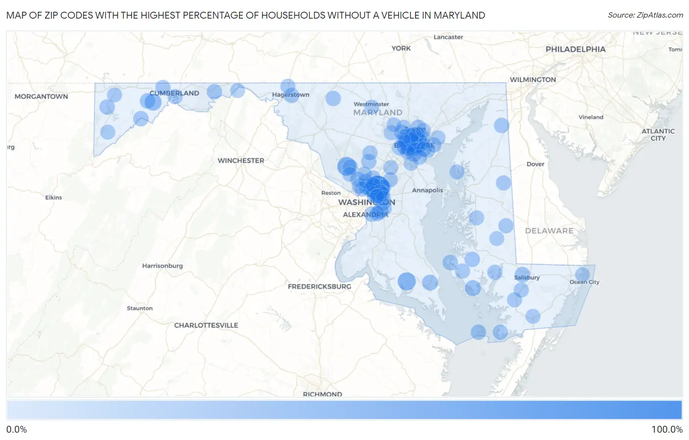 Zip Codes with the Highest Percentage of Households Without a Vehicle in Maryland Map