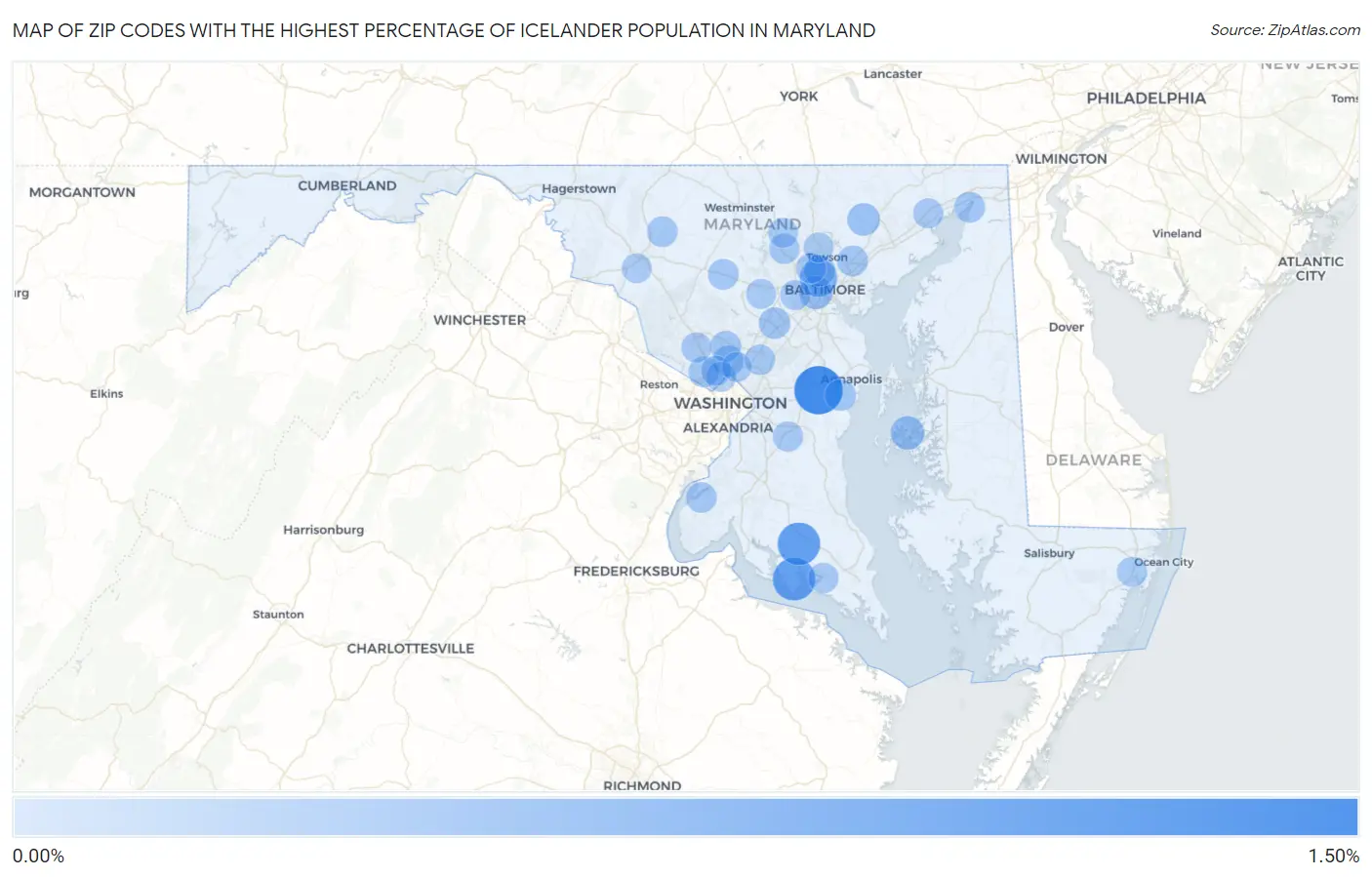 Zip Codes with the Highest Percentage of Icelander Population in Maryland Map