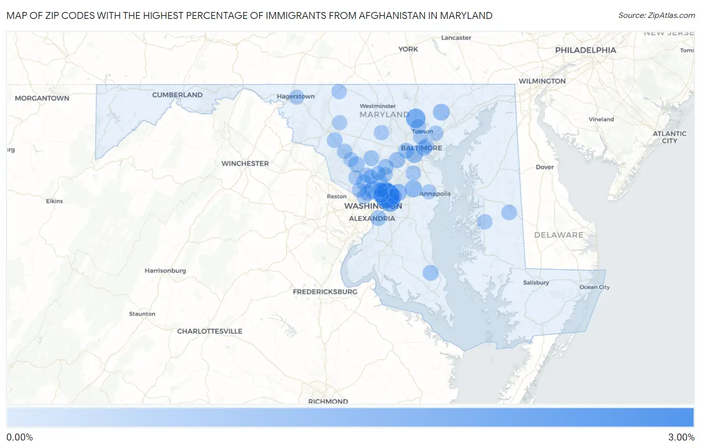 Zip Codes with the Highest Percentage of Immigrants from Afghanistan in Maryland Map