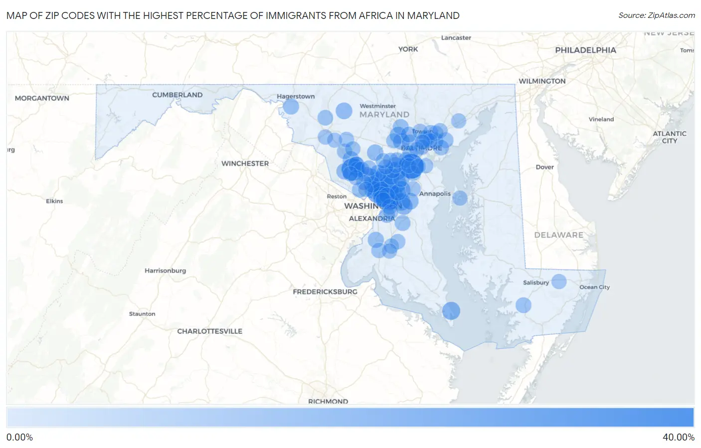 Zip Codes with the Highest Percentage of Immigrants from Africa in Maryland Map