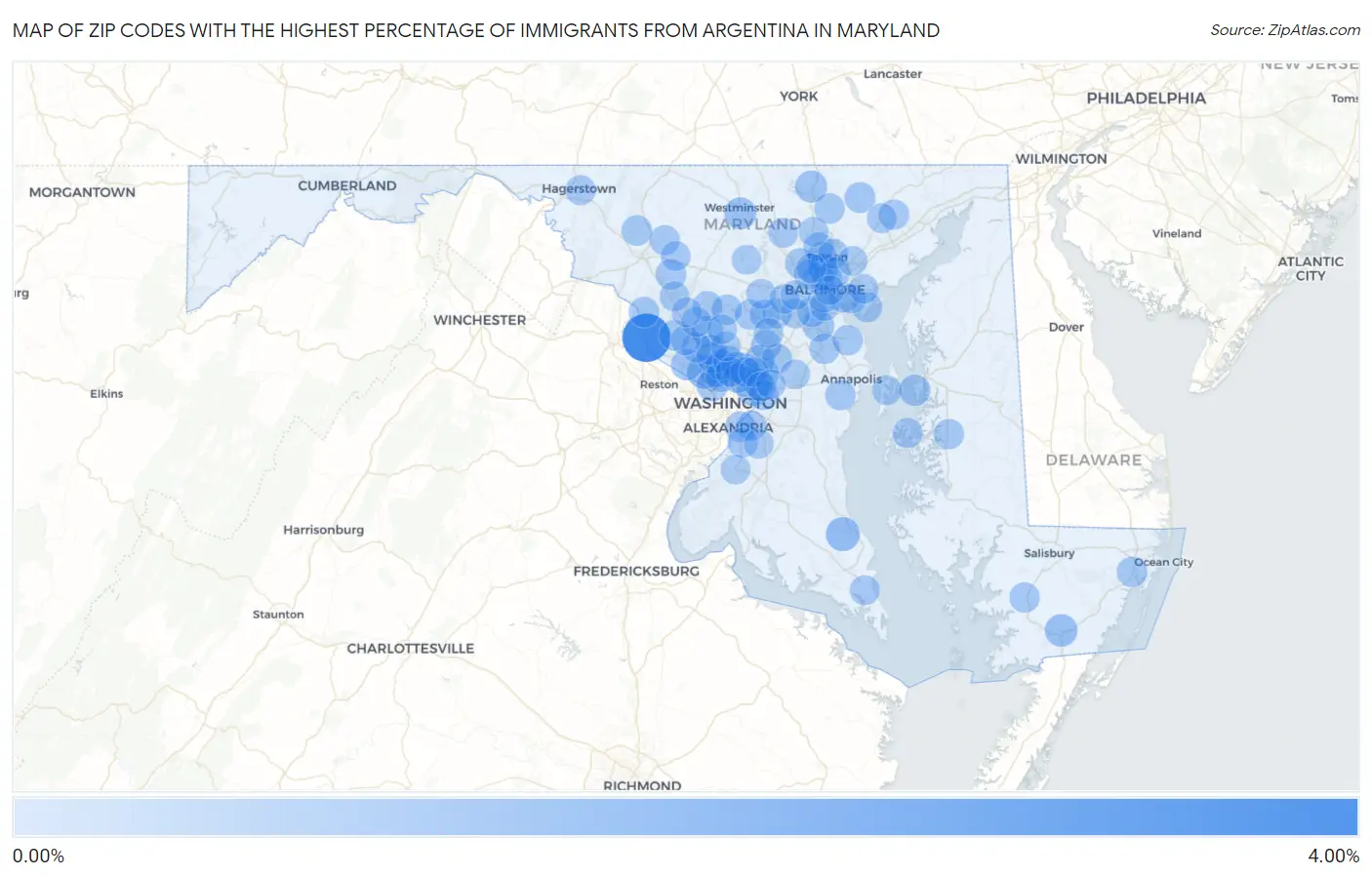 Zip Codes with the Highest Percentage of Immigrants from Argentina in Maryland Map