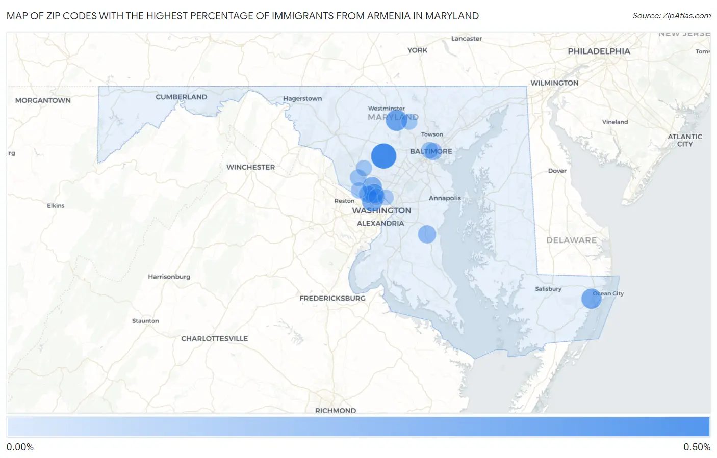 Zip Codes with the Highest Percentage of Immigrants from Armenia in Maryland Map