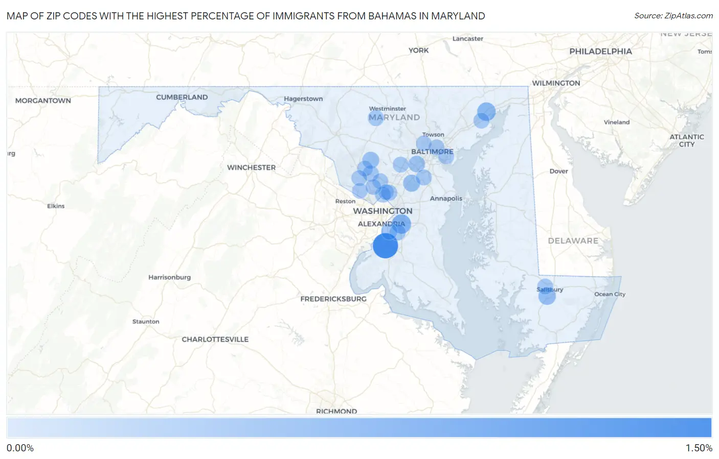 Zip Codes with the Highest Percentage of Immigrants from Bahamas in Maryland Map