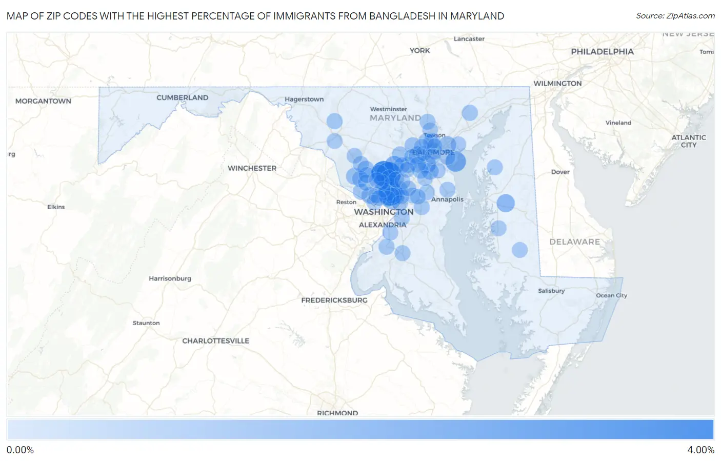 Zip Codes with the Highest Percentage of Immigrants from Bangladesh in Maryland Map