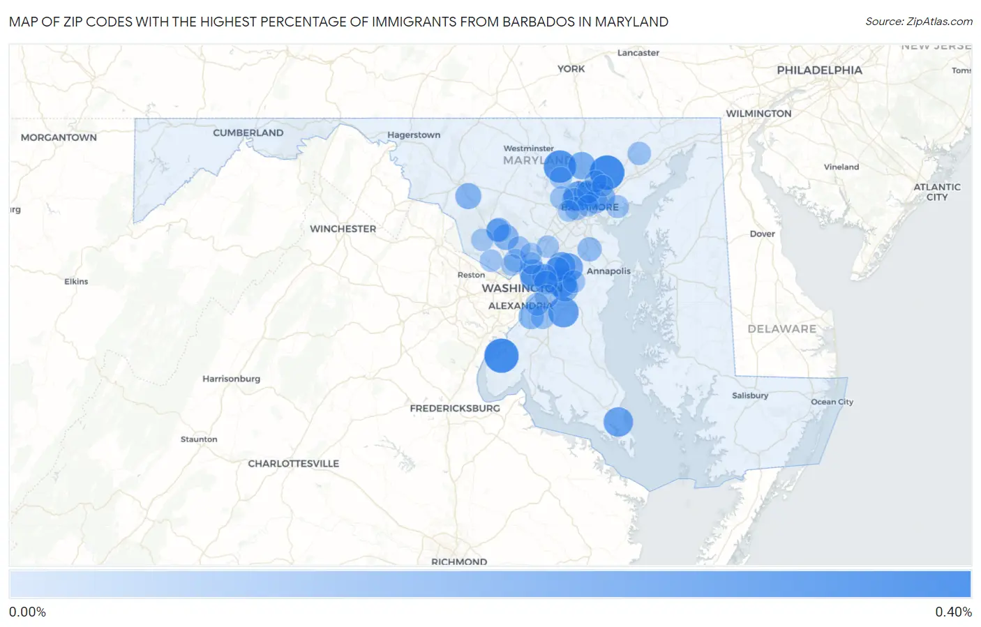 Zip Codes with the Highest Percentage of Immigrants from Barbados in Maryland Map