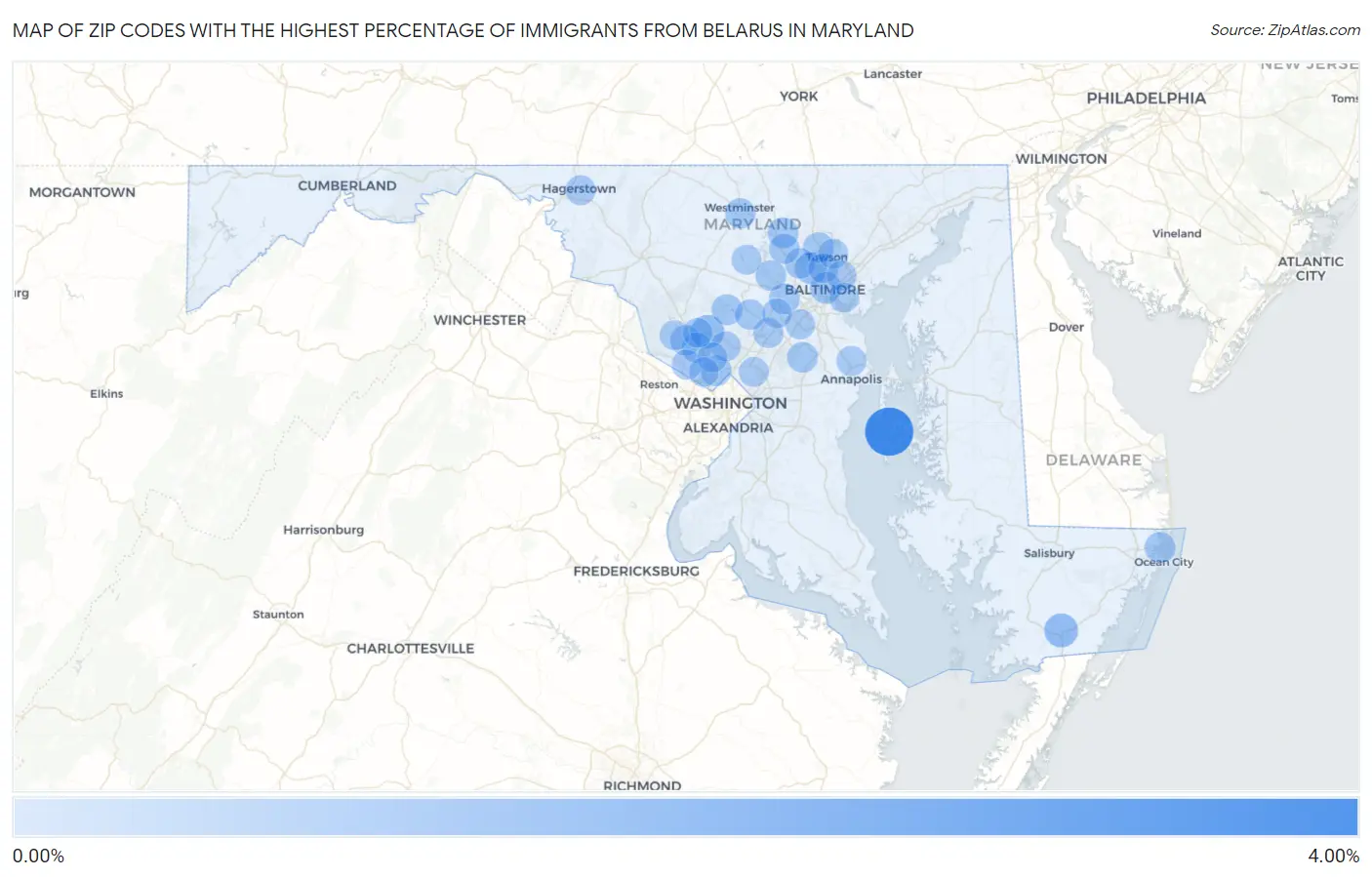 Zip Codes with the Highest Percentage of Immigrants from Belarus in Maryland Map