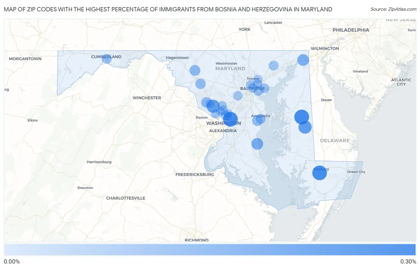 Zip Codes with the Highest Percentage of Immigrants from Bosnia and Herzegovina in Maryland Map