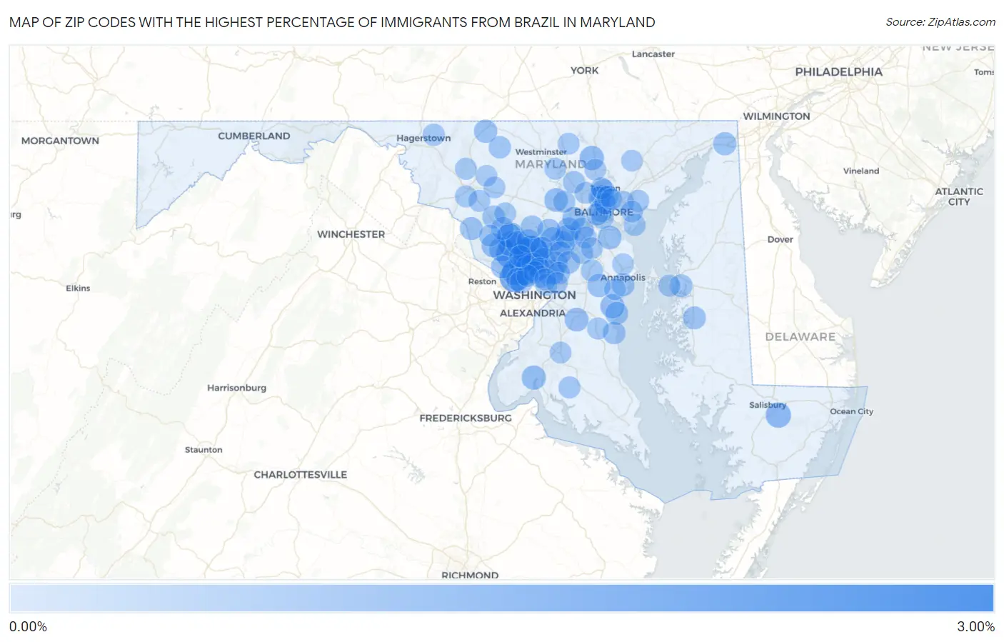 Zip Codes with the Highest Percentage of Immigrants from Brazil in Maryland Map